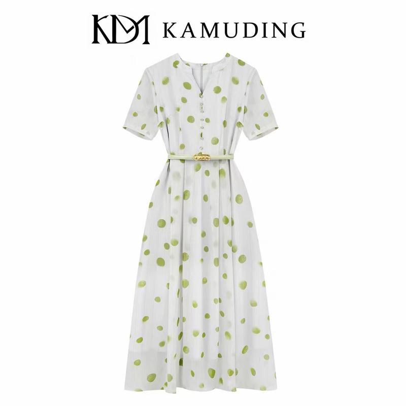 LAH màu Trắng chấm bi xanh váy mềm cao Cấp KAMUDING hai lớp phối hoạ tiết phối ren kèm đai top nữ