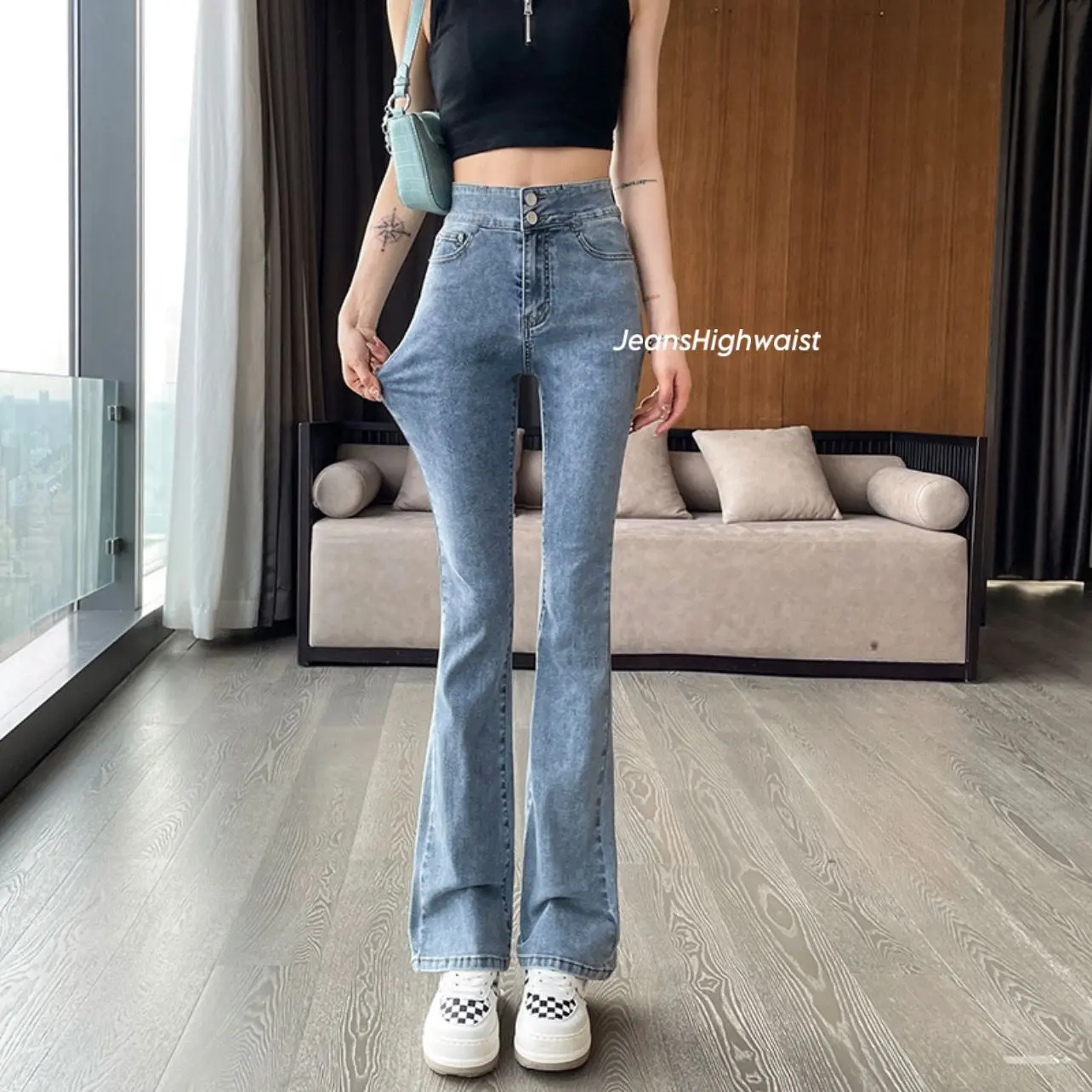 JEANSHIGHWAIST- HW cutbray jeans kancing dua wanita stretch bahan melar silang pinggang Panjang Karet Denim celana tinggi 150 Cewek cut bray flare pants loose cutbray wanita Hitam chic outfit 2