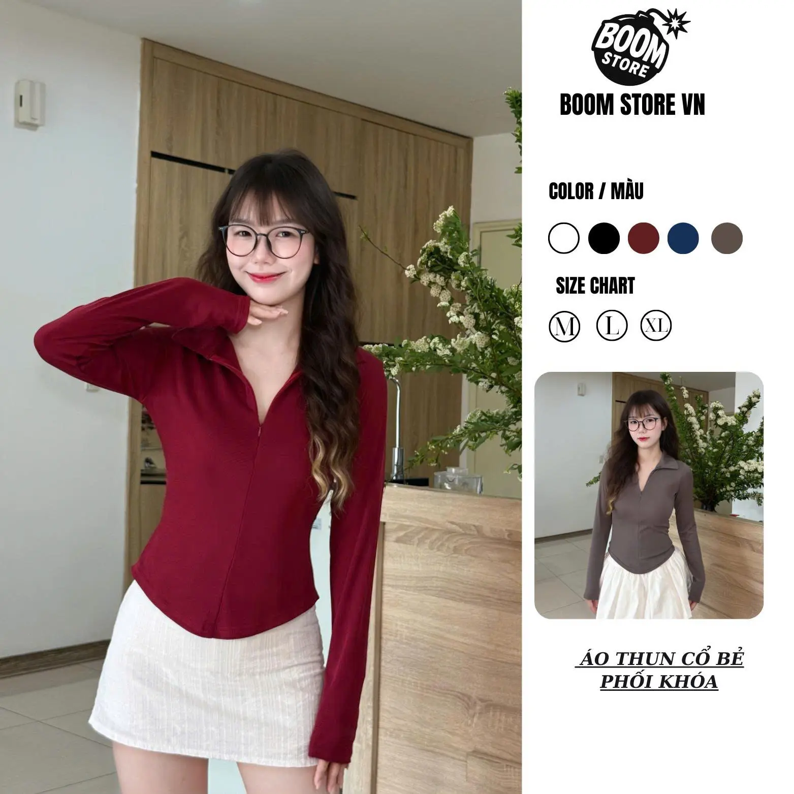 [Ảnh shop chụp] Áo Thun Nữ Cổ Bẻ Dài Tay Phối Khóa Kéo Dáng Ôm Vạt Bầu Chất Thun Tăm Hàn Mịn – BY BOOM STORE VN