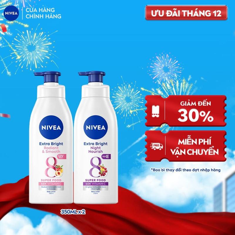   2  Bộ 2 Sữa Dưỡng Thể NIVEA 8 Super Foods Ban Đêm & Dưỡng Sáng Da | Mịn Da  350 ml  - 98412+98413 