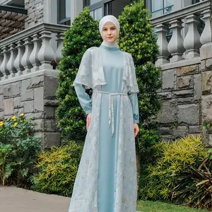 H SOCIETY Wilma Women Dress Duo Silk Gamis Elegan Denara Bahan Duo Silk Lembut Outer Clover Motif Floral Desain Polos Layer Outer Panjang Lengan Panjang Bukaan Depan Warna Mint Segar