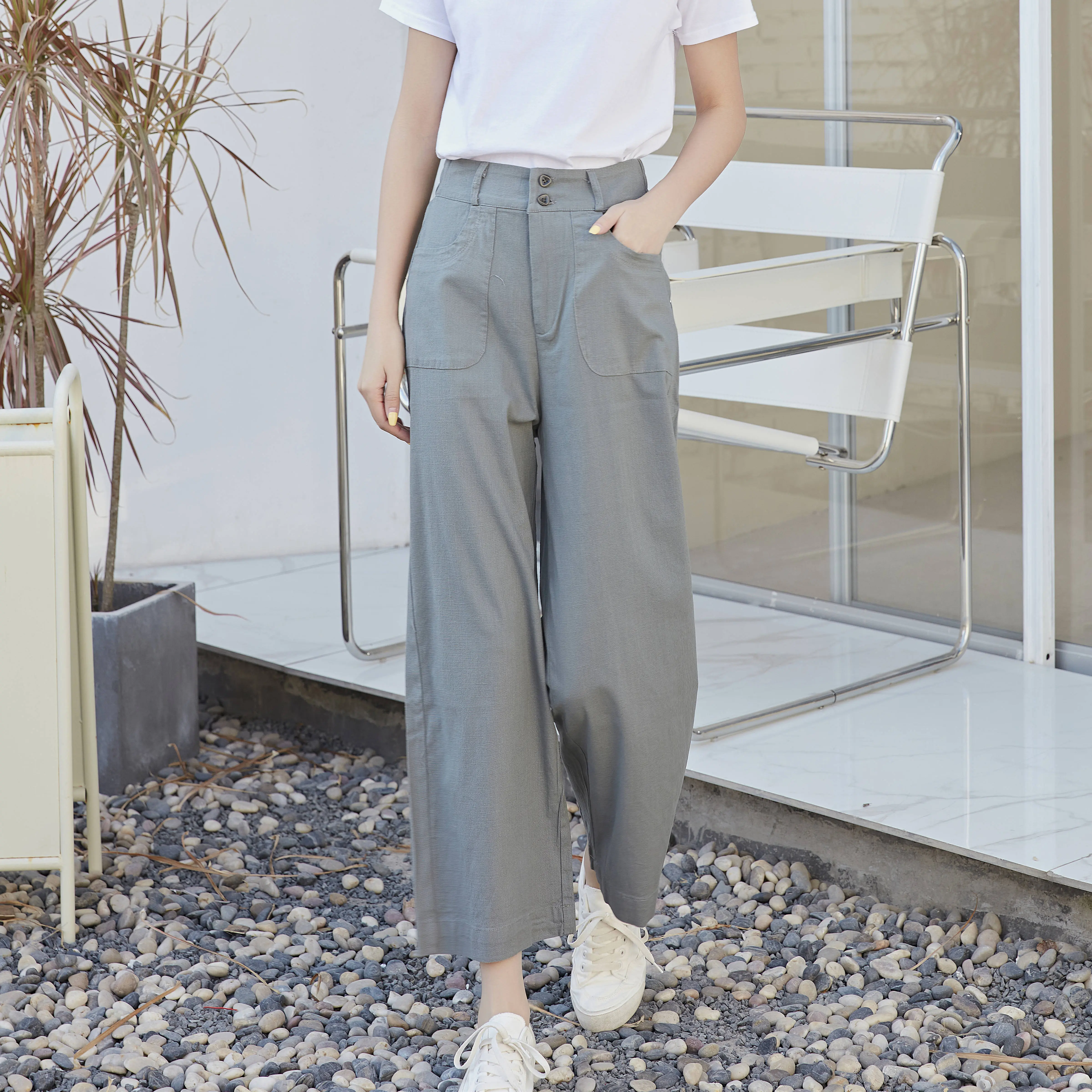 Eyouth 1440 Ladies high waist trousers cotton linen wide leg women casual pants