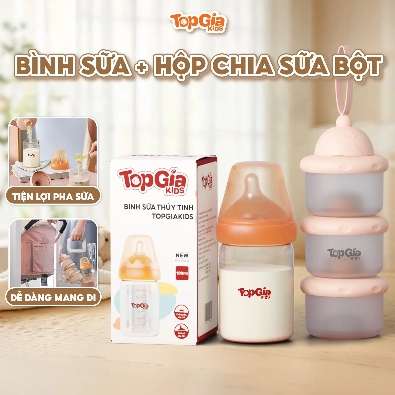 (COMBO BÌNH NƯỚC) Bình Thuỷ tinh Và Hộp trữ sữa bột, Hộp đựng sữa bột, Trữ Sữa bột 2 ngăn chia bữa ăn cho bé tiện lợi cho mẹ Đựng Sữa Bột ntn