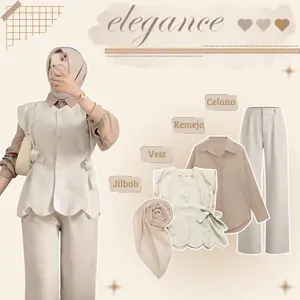 One Set Wanita Elegan ( Kemeja Basic Polos - Vest - Celana - Jilbab ) Setelan Lucu Remaja ZL10N
