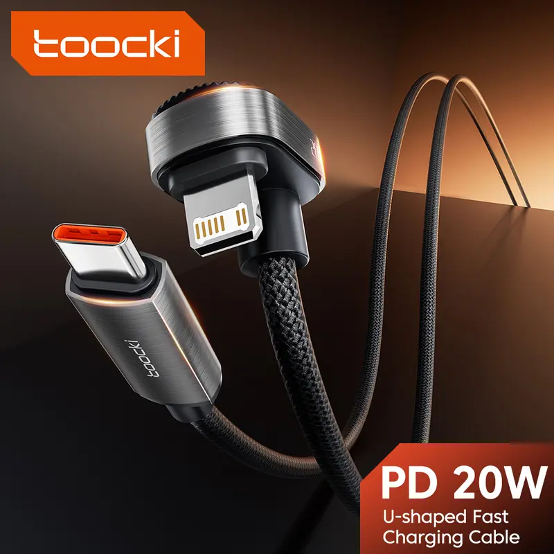Cáp chơi game di động, Toocki PD 20W, Hình chữ U, Loại khuỷu tay 180 độ, Cáp USB C sang Lightning, Cáp sạc nhanh, Tương thích với iPhone 14 13 12 11 Pro Max X XS 8 7 Plus