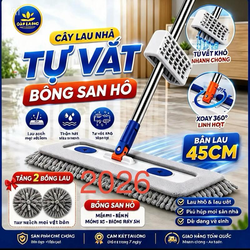 Chổi Lau Nhà Tự Vặt Bông San Hô 45cm - Tặng 2 Bông Lau - Mềm Mịn & Bền Bỉ - Dễ Dàng Vệ Sinh - Sản Phẩm Cao Cấp 2026