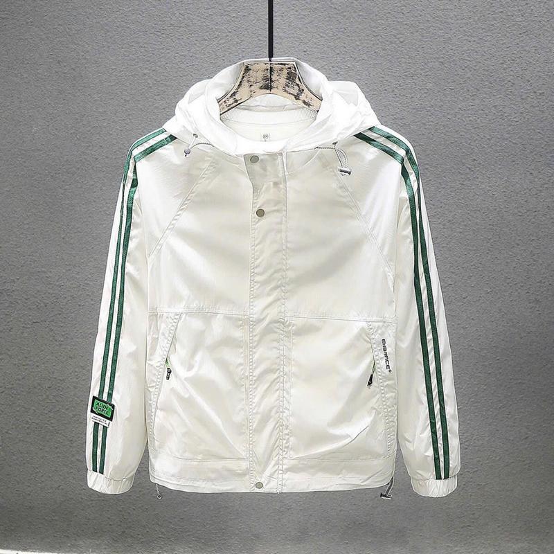 Áo khoác dù nam nữ - Áo gió màu trắng viền đen có dây rút điều chỉnh lai có nón cao cấp