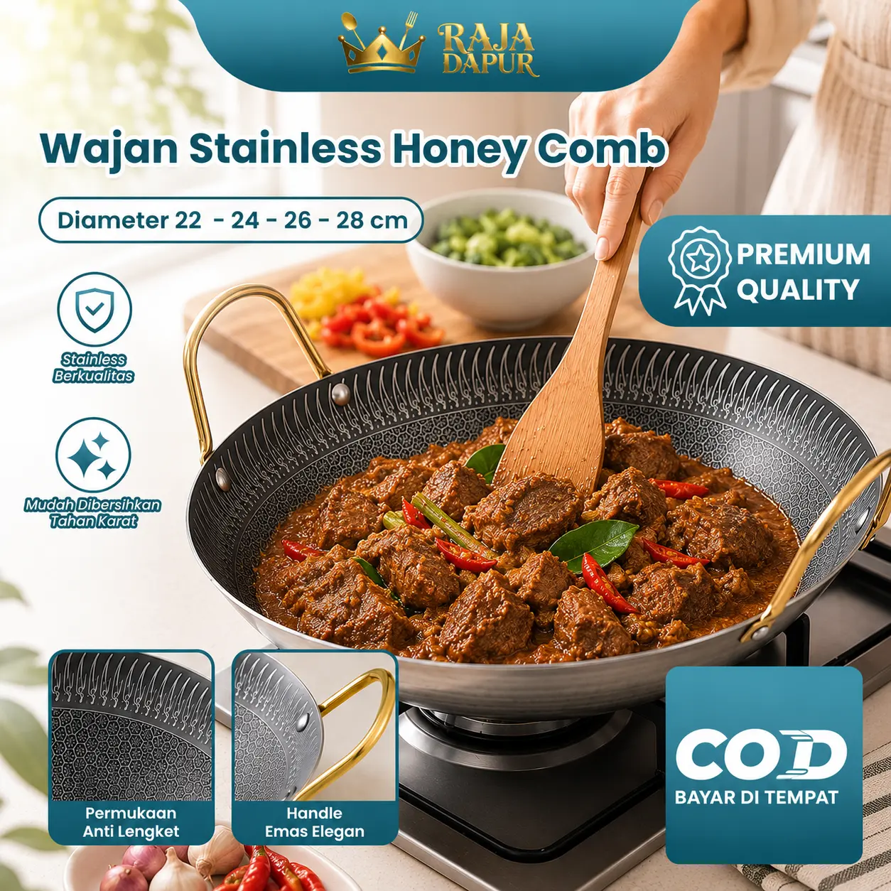 RAJA DAPUR Wajan Stainless Steel Honey Comb Anti Lengket | 22cm 24cm 26cm 28cm | Wajan Masak Anti Karat | Wajan Multifungsi Kompor Gas & Induksi
