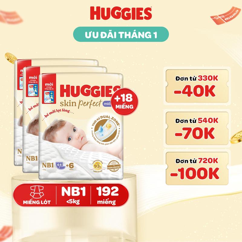 Creator Combo 3 gói miếng lót sơ sinh Huggies Skin Perfect với 2 vùng thấm giảm kích ứng da Size NB1 64+4 NB1 108+6 NB2 60