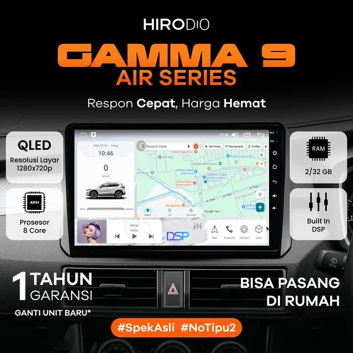 Headunit Android Mobil - HIRODIO Headunit Android Gamma Air Series 9 Inch - QLED Ram 2/32GB - Ram 4/64GB - With Apple Carplay & Android Auto - Chipset Ori Arm Cortex 8 Core - Plug N Play - 100% Original