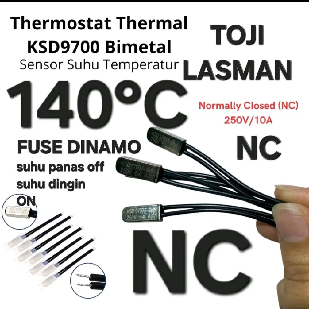 ( 140°C FUSE SEGI 5A 9700 ) thermal protector termostat bimetal Huakun  HW 140 HW140 THERMOFUSE FUSE SEKERING AUTO OTOMATIS GULUNGAN DINAMO MOTOR MESIN CUCI POMPA BLENDER MIXER 140°c 5A  suhu temperatur NC normally close auto on off