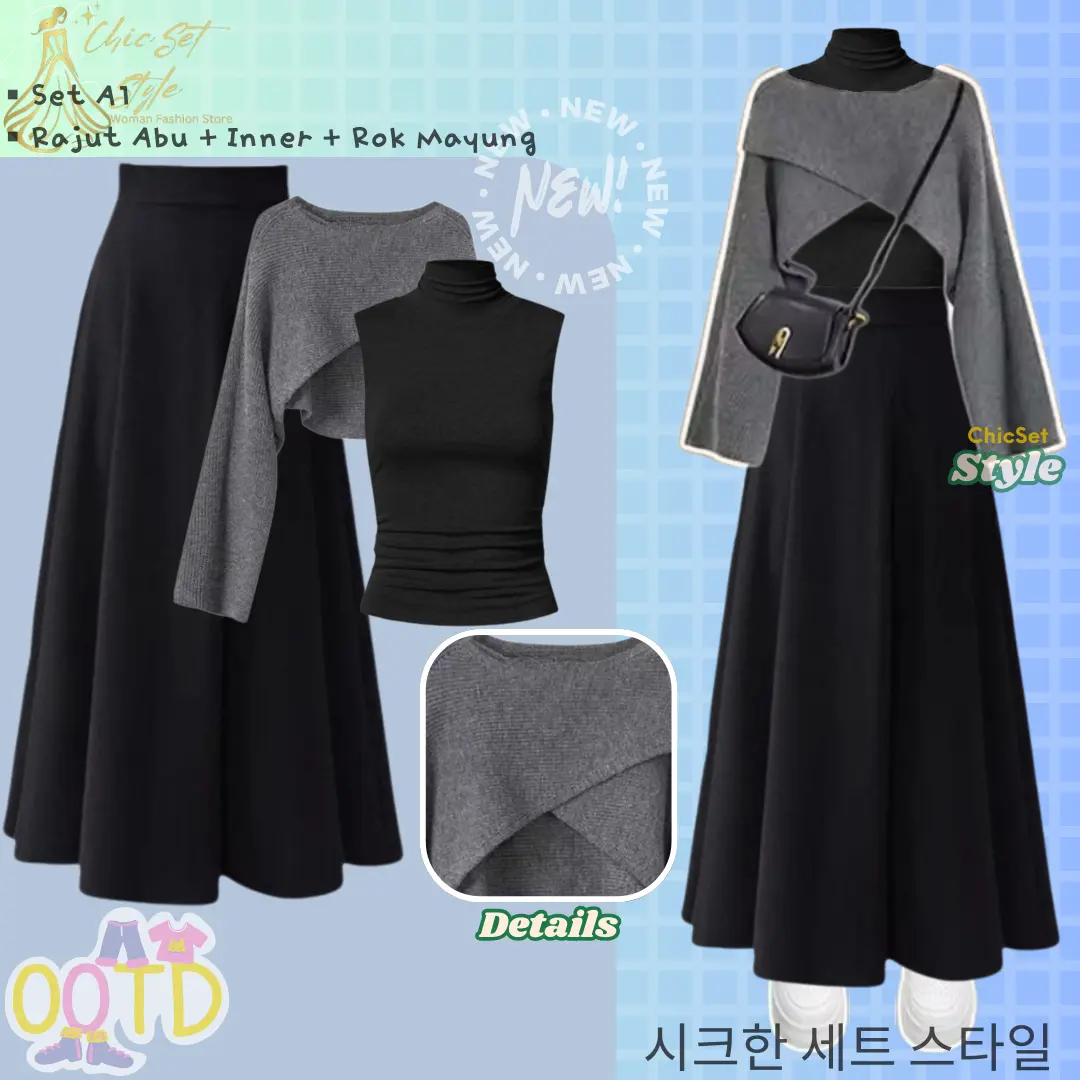 One Set Wanita (Rajut Silang Inner Rok Mayung) Baju Korean Style Setelan Perempuan OOTD CS032 Atasan Sweater Crop Bawahan Joda Payung Hitam Remaja Outer Panjang Dewasa Cream Lembut
