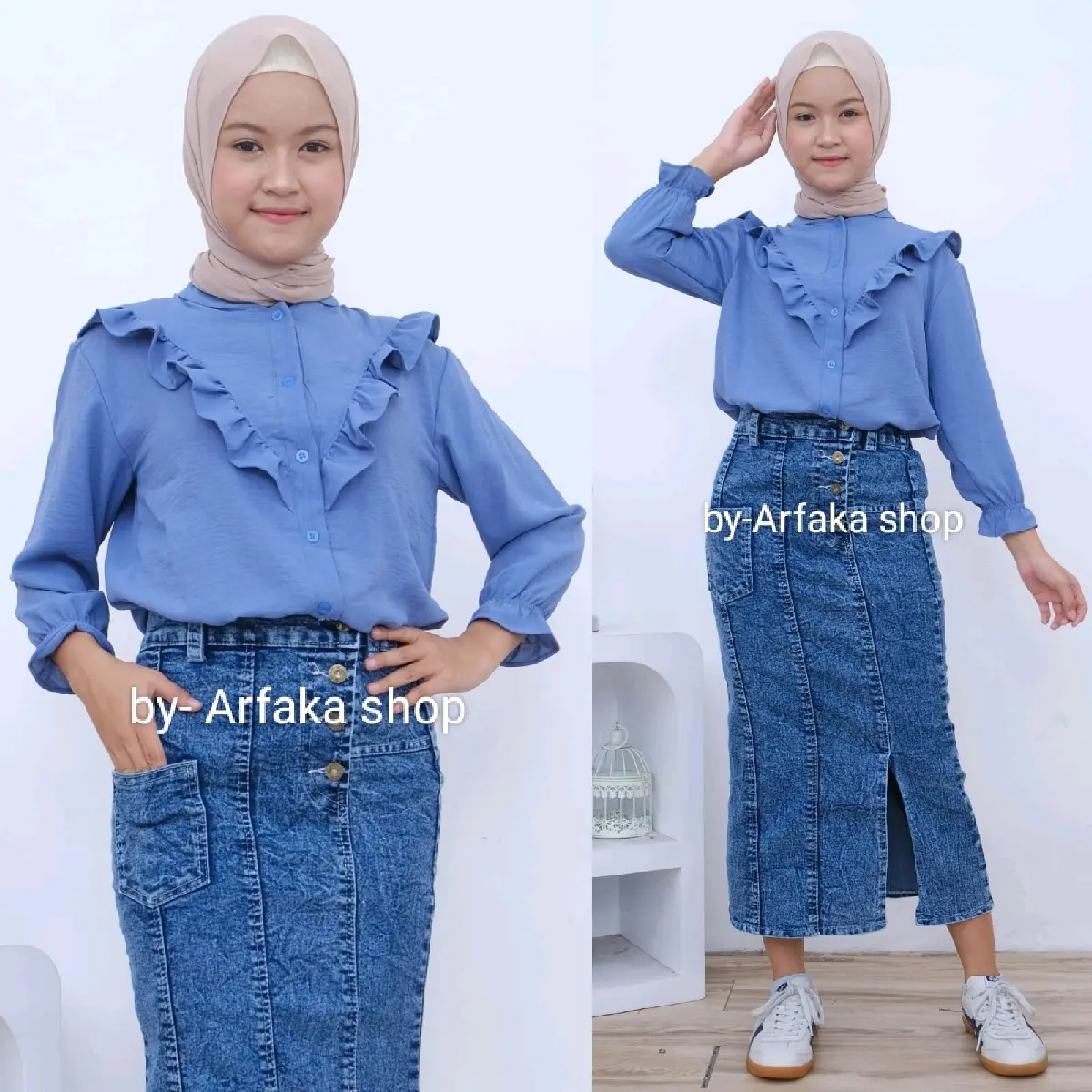 Setelan Kemeja Crincle Kriwil dan Rok Jeans KC Belah - Fashion