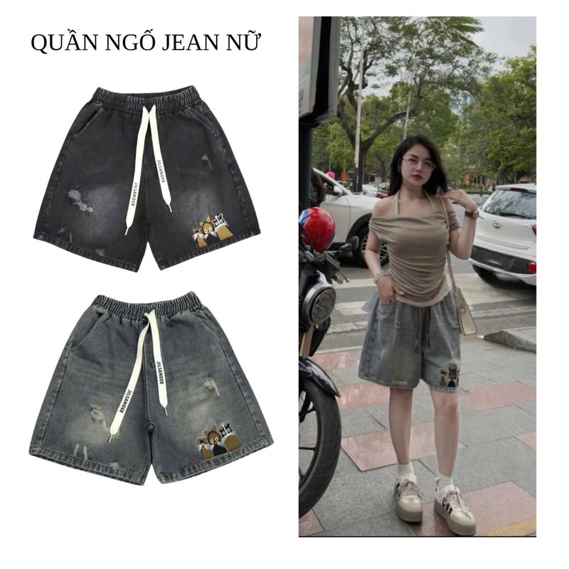 Quần đùi jean nữ quần ngố bò thêu Meomeo from đẹp - vải jean mềm mát cạp chun co giãn thoải mái BIGSIZE 40-75kg