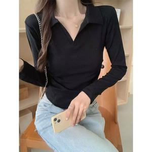 เสื้อยืดคอโปโลฤดูใบไม้ร่วงสำหรับผู้หญิง สไตล์ฝรั่งเศส แขนยาว ดีไซน์รัดรูปและกระชับสัดส่วน เสื้อแขนสั้นใต้วีลี
