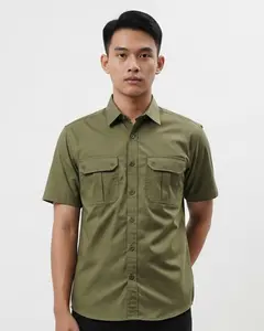 TOPTEN Kemeja Pria Polos Workshirt Lengan Pendek Saku Dua Warna Hijau
