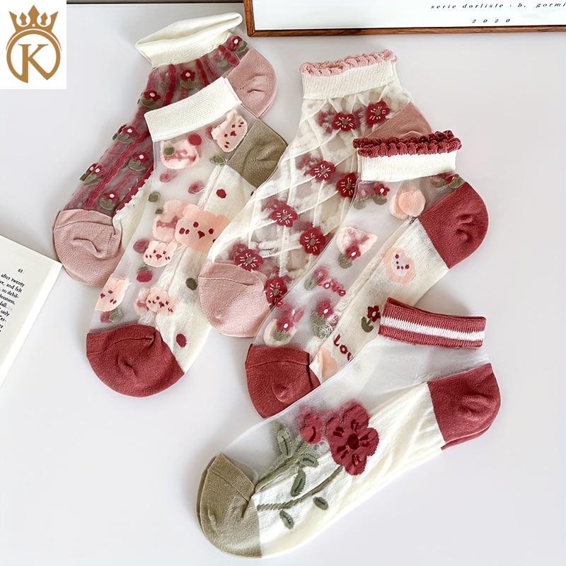 [FLASH SALE][COD]Tất Ngắn Ngoại Cỡ Dành Cho Nữ, In Hoa Màu Hồng Dễ Thương, Phong Cách Mỏng, Đế Bông, Tất Trong Suốt Trên Bàn Chân, Có 5 Kiểu, Cỡ 37-41, Năm Mới 2025