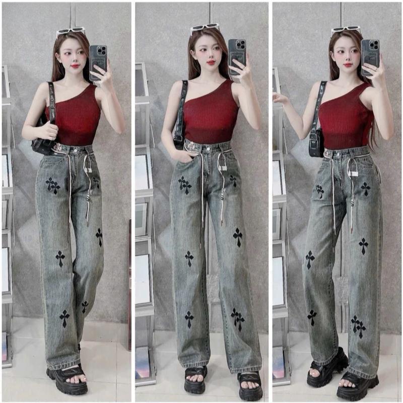 Quần jean nữ ống rộng MELINA (tặng kèm dây) jean ống suông màu xám khói thêu chữ thập đen size S M L 1459