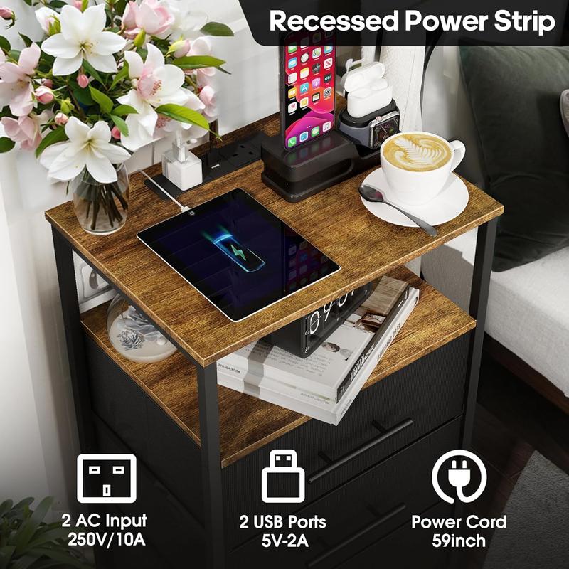 Bedside Table with Charging Station, Nightstand with 2 Outlets and 2 USB Ports,Sofa Table with 4 Castors Metal Frame and Fabric Drawers, for Bedroom Living Room (3 Drawers, Black) 4