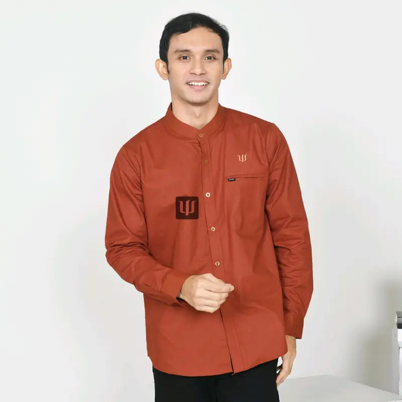 KEMEJA KOKO ANAK COUPLE AYAH (satuan) POLOS KATUN FULL LENGAN PANJANG PENDEK WARNA merah BATA / TERAKOTA Baju Muslim Keluarga 5