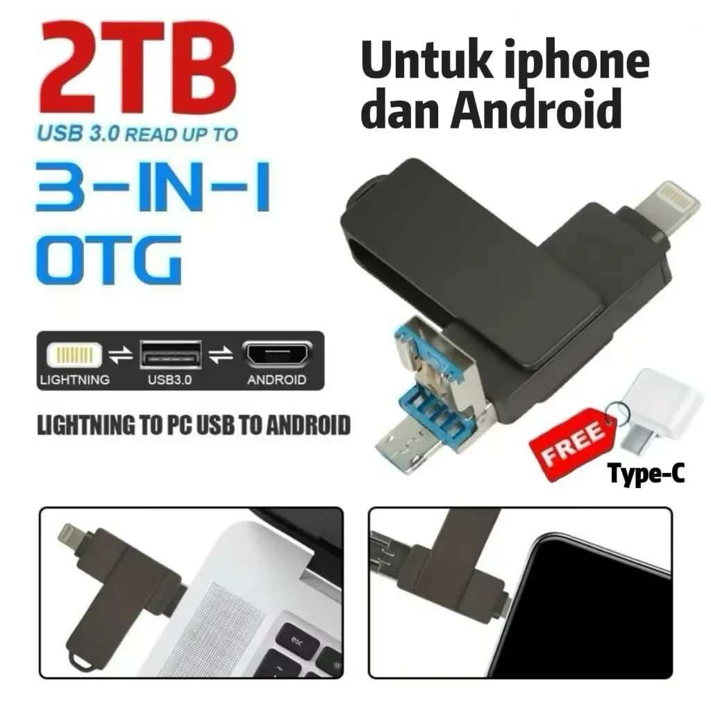 2TB 3 in 1l0S OTG USB Flash Drive 32GB 64GB128GB 512GB 1TB Rotation Pen Drive for iPhoneAndroid/PC 「lSO+Micro+USB] Multifungsi Penyimpanan Tablet Storage
