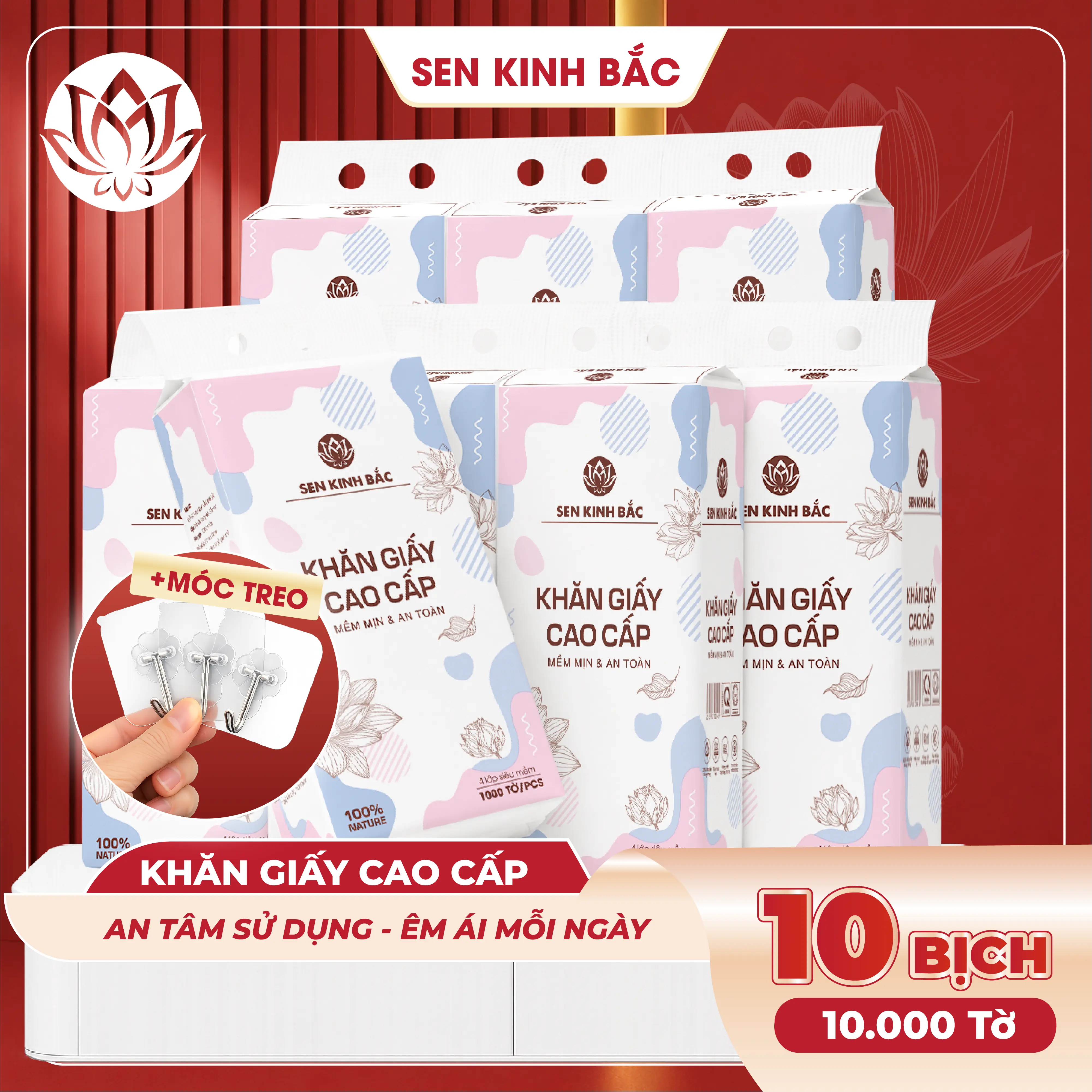 [ THÙNG 10 BỊCH ] Giấy Treo Tường Sen Kinh Bắc 1000 Tờ 250 Lần Rút 4 Lớp Mềm Mịn, kích thước 170*130mm, Giấy đa năng rút đáy thành phần bột gỗ tự nhiên 100% , an toàn lành tính