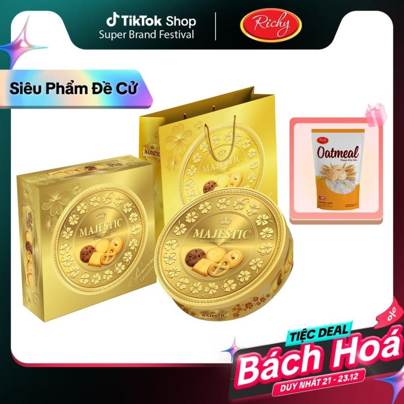 TẶNG 1 YẾN MẠCH kèm túi xách giấy Bánh Majestic Đồng Tiền Vàng hộp thiếc 382g - Tết 2026 bánh quy bơ cao cấp Food Snack