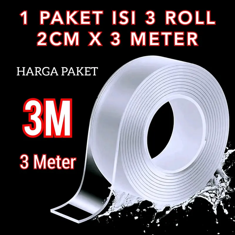 PAKET ISI 3PCS Selotip Bening Dua Sisi Double Tape Nano Serbaguna Ukuran 2CMx3,Meter 5,Meter Dapat 3 Roll sola tip 1