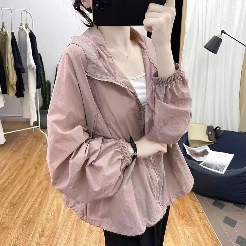 Quần Áo Chống Nắng, Mỏng Mùa Hè, Có Mũ Trùm Đầu, Dáng Rộng Vừa Vặn, Dành Cho Nữ, Phong Cách Hàn Quốc, Bảo Vệ Chống Tia Cực Tím, Áo, Áo Cardigan, Dễ Phối Đồ, Áo Khoác, 2024