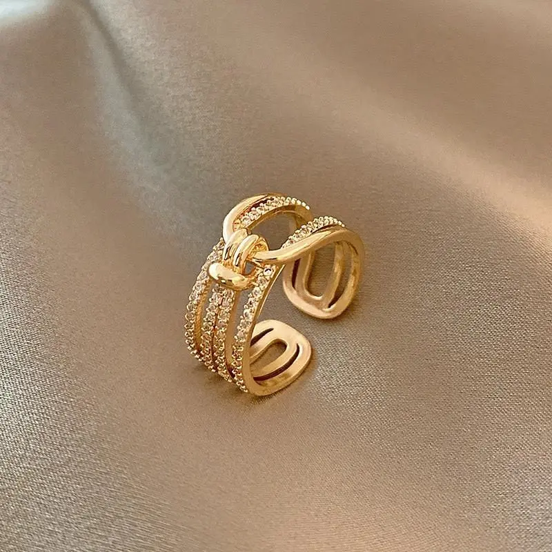 Cincin Jari Telunjuk Zirkonia Bertatahkan Emas Cincin Wanita Logam Multi Lapisan Terbuka Aksesoris Rings Berlian Y618 2