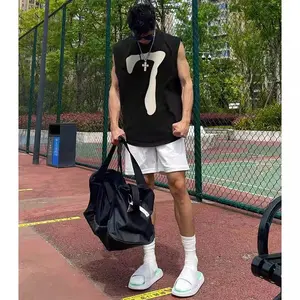 Musim panas baru nomor 7 pencetakan kelas berat di luar memakai rompi T-shirt kaos pria katun longgar kasual 220g atasan tanpa lengan