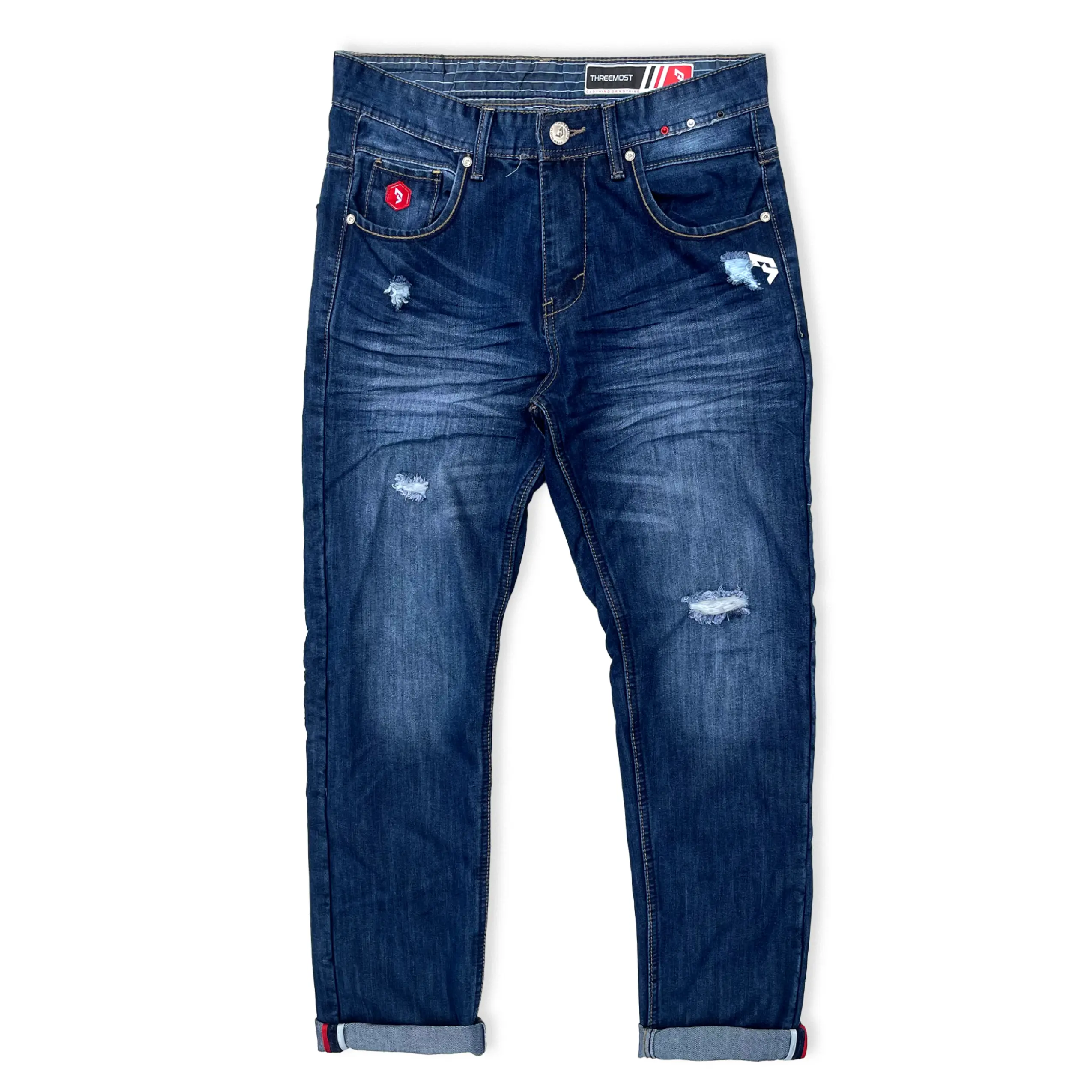 Threemost - Celana Jeans Ripped Panjang Pria Sobek Bermuda Distro Wisker Original Denim