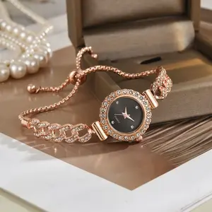 [FREE BOX + GIFT] Jam Tangan Wanita Tali Rantai Serut Simple Bulat Kepang Permata Jam Analog Elegant Quartz