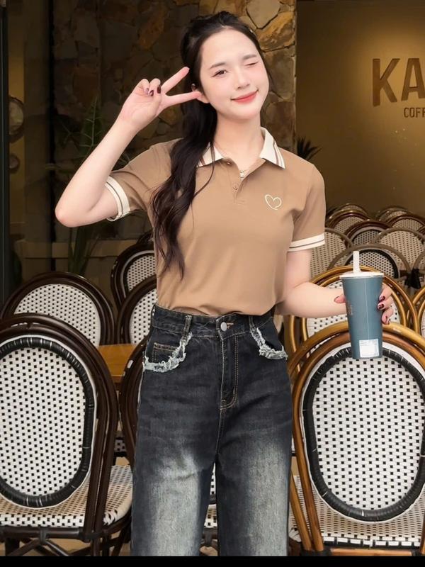    Lista   Áo polo nữ thêu tim cổ dệt kim - cotton tổ ong - polo phối viền kẻ sang trọng - basicc - đủ size tới 85kg    M10   