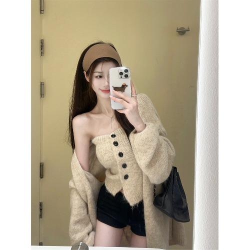 Áo Len Cho Nữ, Dáng Rộng Vừa Vặn, Dài Trung Bình Thích Hợp Cho Mùa Thu Và Mùa Đông, Kèm Bộ Hai Mảnh Không Dây Dệt Kim