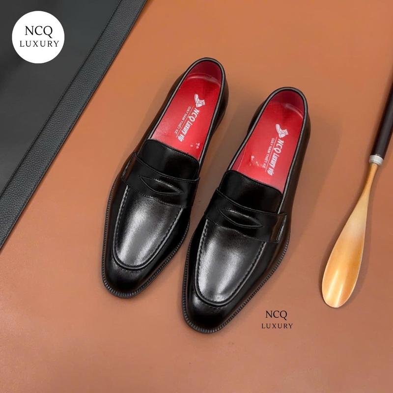 giày lười da bò nam cao cấp, giày lười nam da bò đế cao su đỏ khâu tỉ mỉ, kiểu dáng trẻ trung