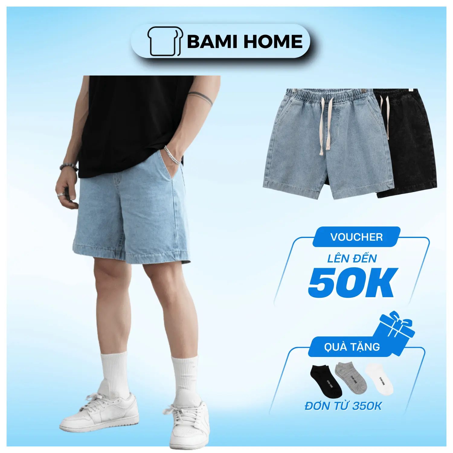 Quần lửng Jean BAMI HOME quần short denim cao cấp không bay màu QJ- 03 Menswear Lưng Cao Có Túi Pants Màu Đen quần jean jeans