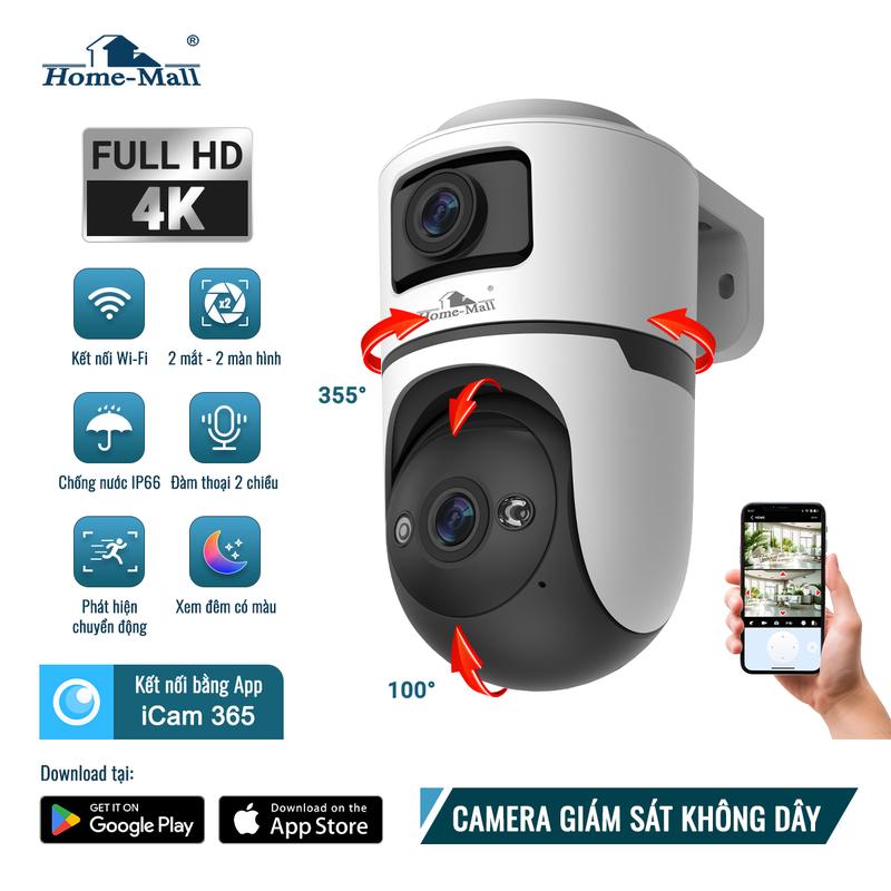 Home-Mall Camera giám sát WiFi 4K FULL HD xoay siêu nét 2 màn hình,chống nước.Hỗ trợ phát hiện chuyển động,đàm thoại 2 chiều,chế độ nhìn đêm 2 đèn với hình ảnh màu,APP iCam365