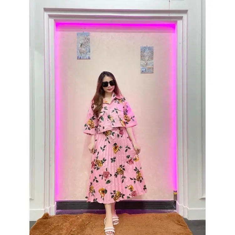 One Set Fuji / One Set Clara Kemeja Crop & Rok Midi Plisket Atasan Bawahan Motif Wanita 8