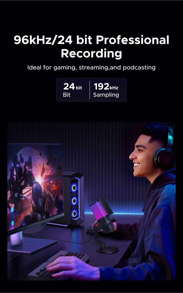 Product Introduction of UGREEN, Micro chuyên nghiệp RGB, Giảm tiếng ồn DSP, Hiệu ứng đèn RGB 96kHz/24-bit, Dành cho Game, Compatible with Windows & MacOS 2