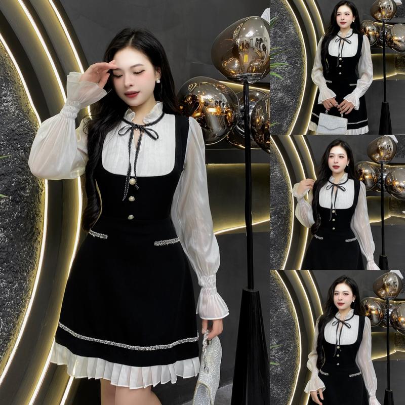 Váy Thiết Kế Evii K21 dành cho Nữ Váy Thiết Kế Cổ Nơ Xếp Li Nhỏ phối hợp cúc ngọc tay tơ dài bo tay tiểu thư phù hợp đi chơi Dress Women