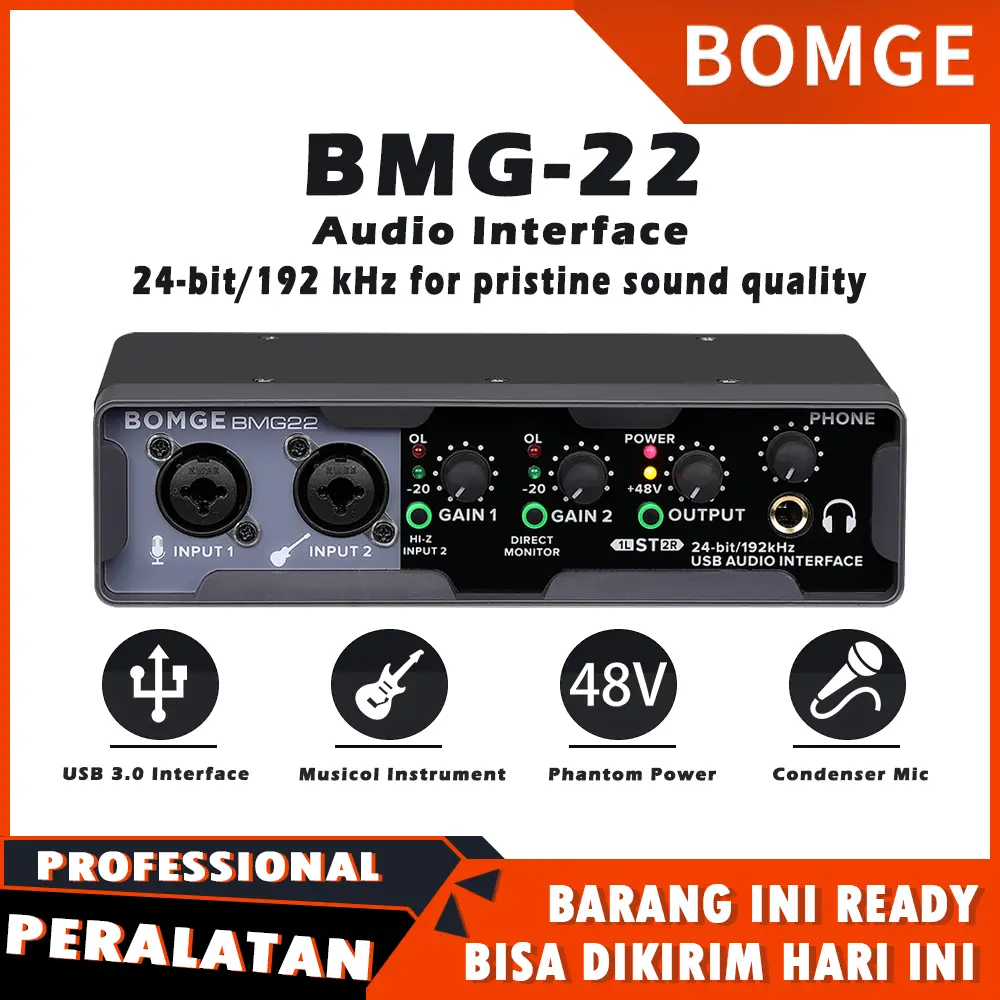 BOMGE USB Audio Interface(24 bit/192 kHz) with XLR, phantom power , Direct Monitoring , Loopback for PC Recording, Streaming,Guitarist, Vocalist,and Podcasting