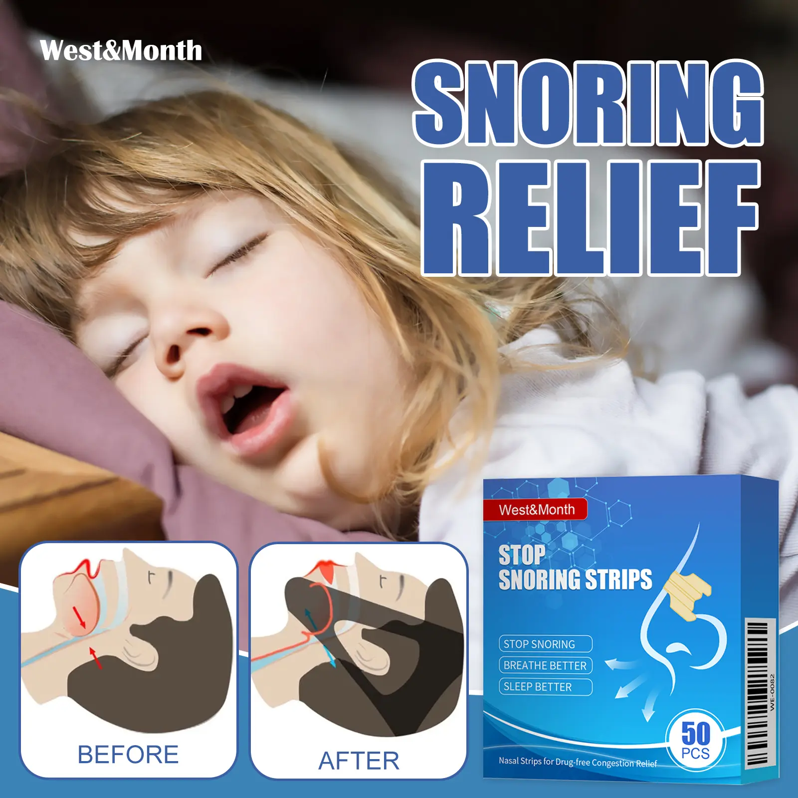 West&Month Stiker Hidung Ventilasi Dewasa Stop Snoring Relief 50 Pcs Menghentikan Mendengkur Pernapasan Lebih Baik Tidur
