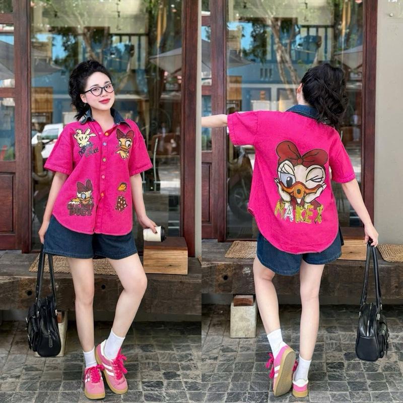 Bộ Jeans Nữ In Hình Cúc Màu Áo Sơmi Quần Sooc Màu Hồng Vàng Xanh Đậm Khói Be Size 40-85kg Nhung Jeans