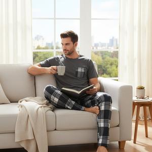 Conjunto de Pijama para Hombre Clásico a Cuadros y a Rayas - Juego de 2 Piezas con Camiseta de Manga Corta y Pantalón Holgado ¡Tejido de Algodón Ultra Suave y Transpirable para Máxima Comodidad en Casa