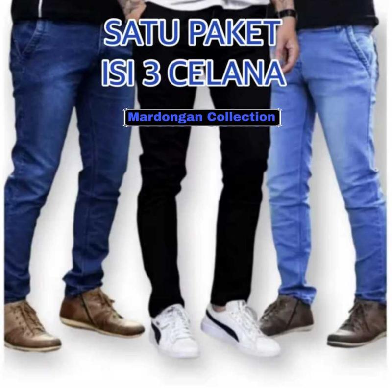 HEMAT Satu Paket isi tiga Celana Jeans Pria Dewasa Keren Gaul Bahan Ngaret Model Pensil Slim Fit - Jins Panjang Cowok Terbaru - Jens Pria Panjang Dewasa - Celana Panjang Pria Denim - niari Fashion 0