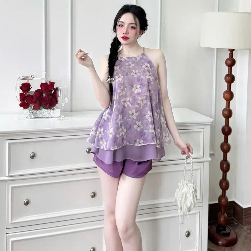 Yếm ngủ áo voan phối tơ 2 lớp, quần lụa latin LADY Đồ ngủ nữ cao cấp mềm mát, nhẹ tênh, mặc lên cực kỳ tôn dáng – xinh nhẹ nhàng mà cuốn 2