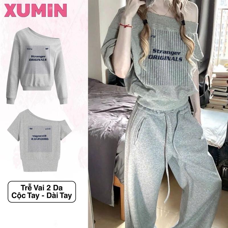 Áo Thun Trễ Vai Dáng Boxy Xu Min Min - Chất Cotton Hàn Mềm Mịn (Có Bo Chun), Cộc Tay/Dài Tay, Dáng Trễ Vai Boxy, In Hình " Strange "