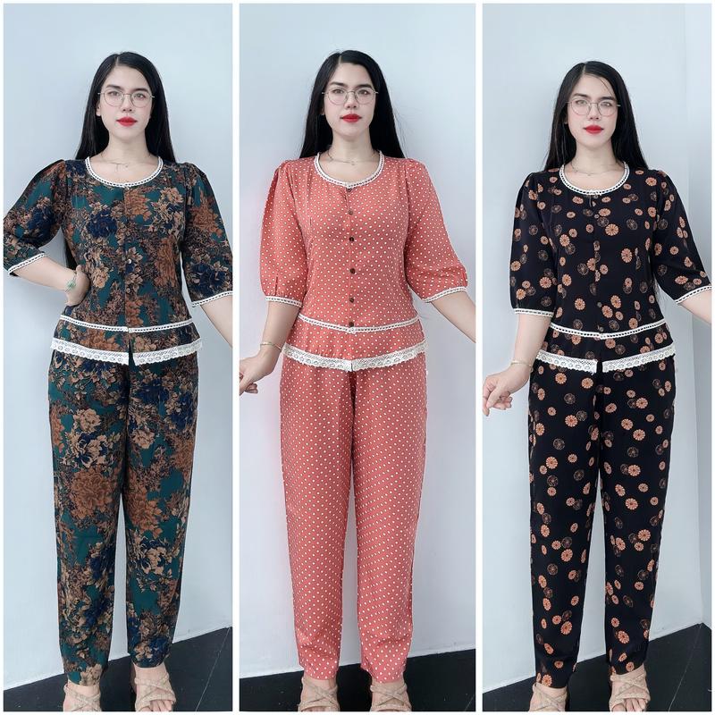 LR1 -Đồ Bộ Nữ Tay Lỡ Quần Dài Cổ Phối Ren Chất Lụa Mango Mềm Mát Thích Hợp Cho Mọi Lứa tuổi