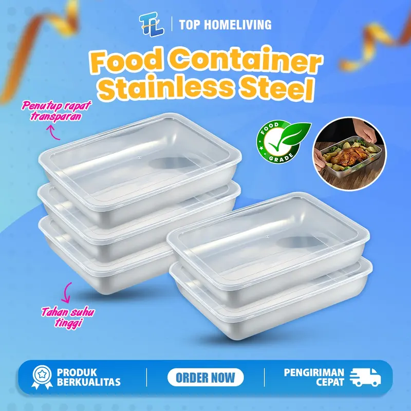 BOX Kontainer Makanan Stainless Serbaguna dengan Tutup Rapat - Tinggi 5cm x Panjang 25.5cm x Lebar 19.5cm - Penyimpanan 0